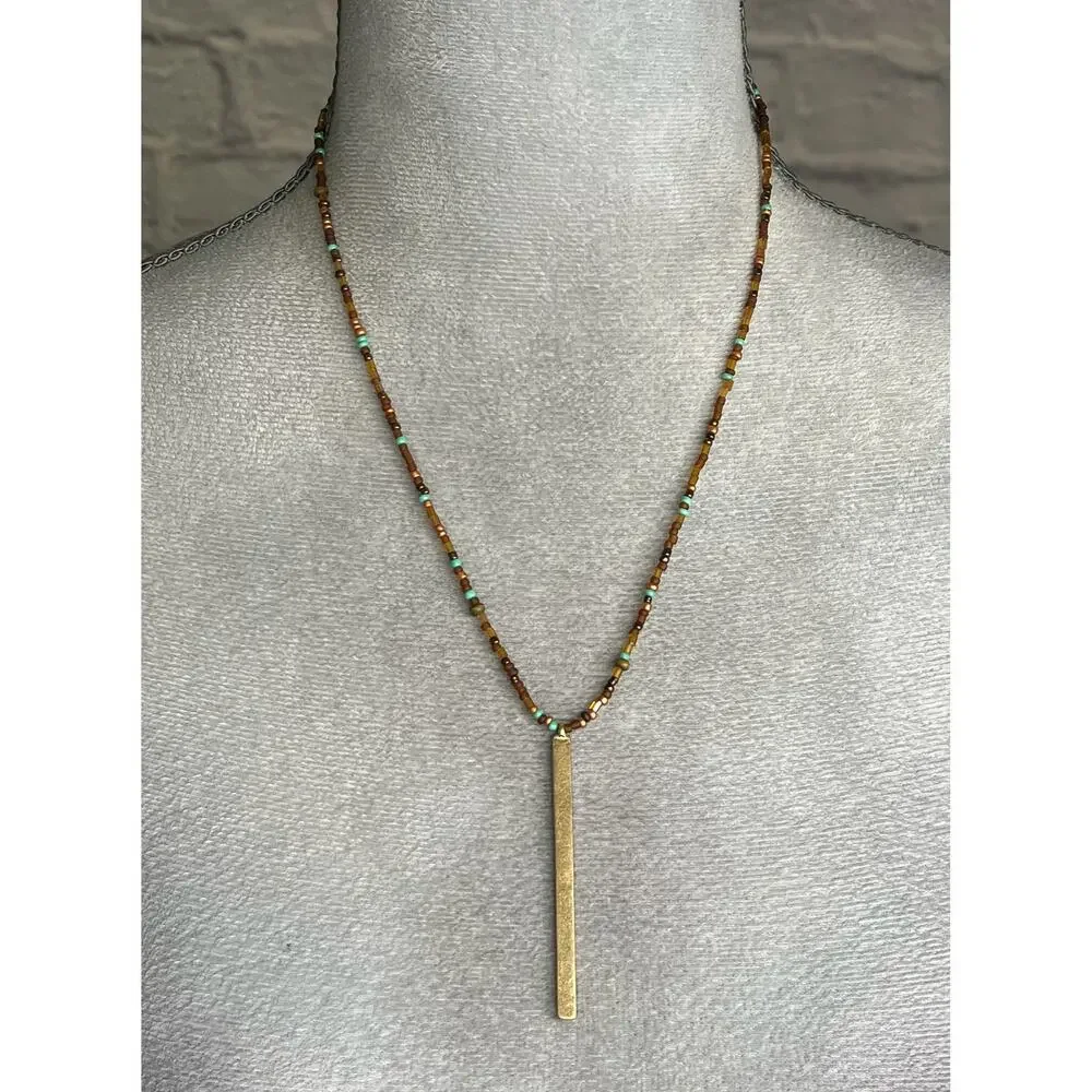 Handmade/Upcycled Boho Minimalist Seed Bead Necklace with Goldtone Bar Pendant